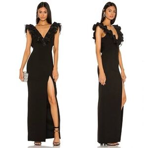 REVOLVE x LIKELY Kelayan Crepe Gown, Structured Ruffles Slit Black, NWT, Size 8